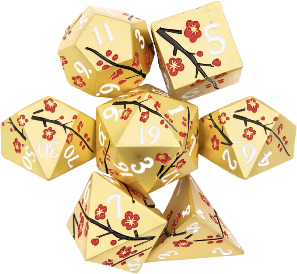 Joya Dice® Dungeons and Dragons Dobbelsteen set | Polydice DnD Dobbelstenen Set | D&D Dice set | Metal dice 7 stuks set | Incl Luxe Opbergdoos | Metalen Dobbelstenen Goud met Sakura Bloesem